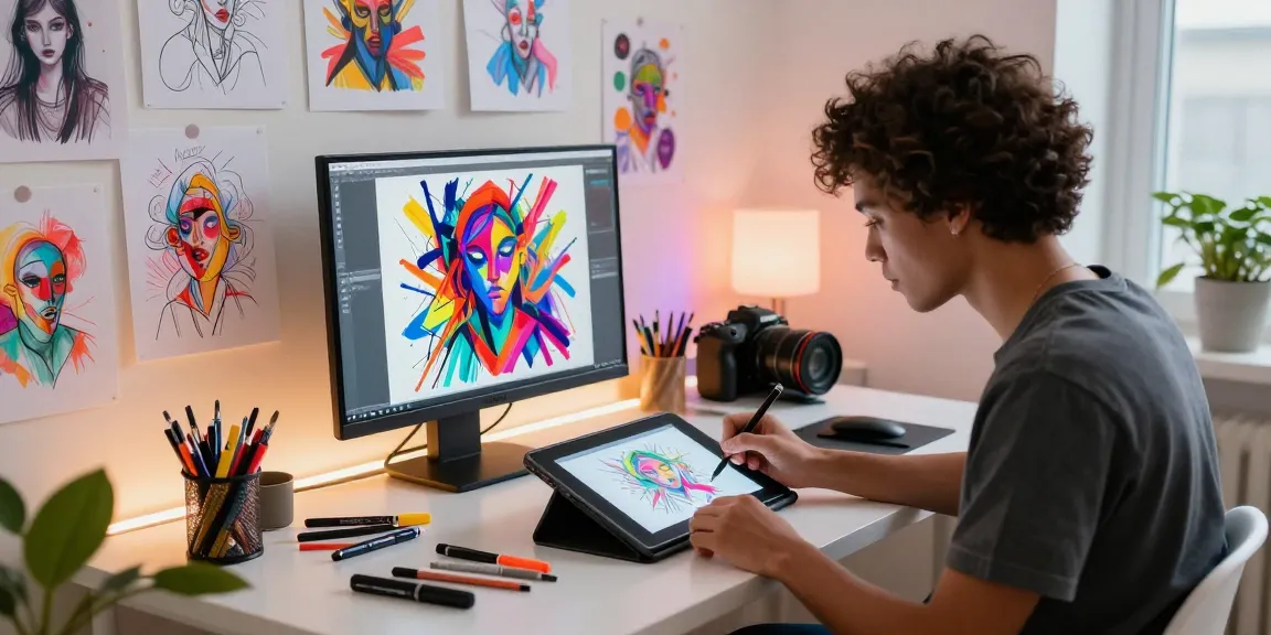 Creating AI NSFW art in a modern workspace filled with vibrant designs and tools.