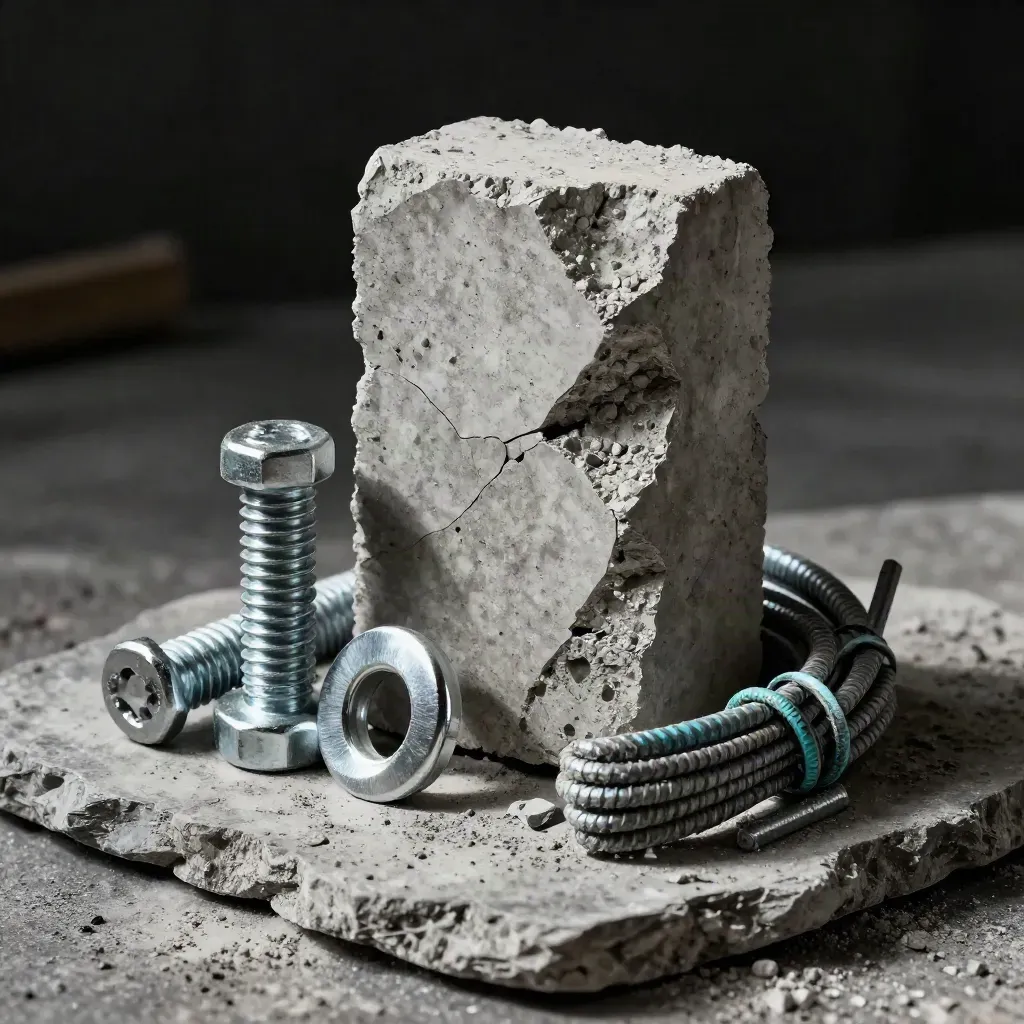 Concrete core sample, bolts, washer and rebar wire on stone with teal accent in dramatic studio light