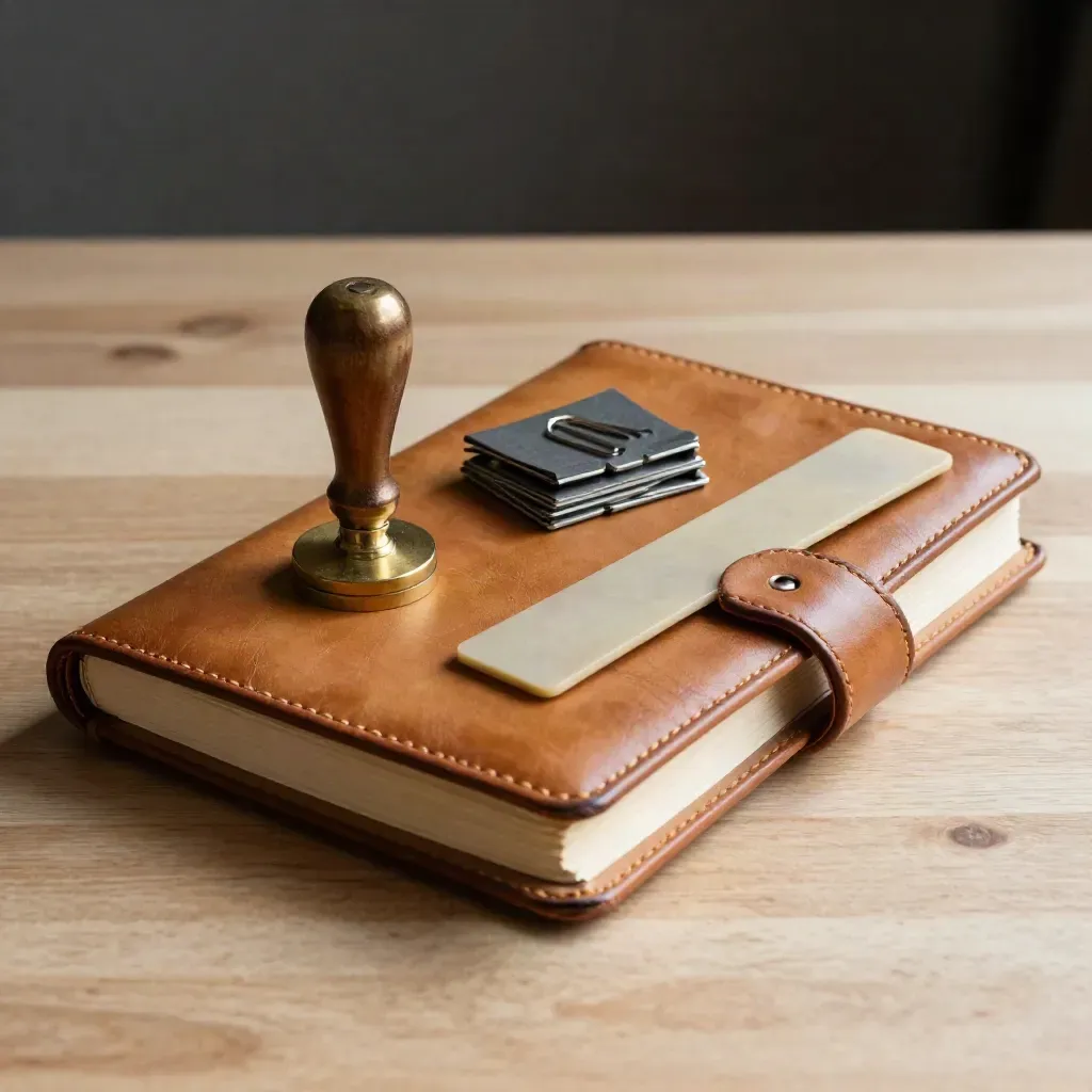 Leather ledger, brass stamp, paper clips and bone folder on pale wood in warm soft light.
