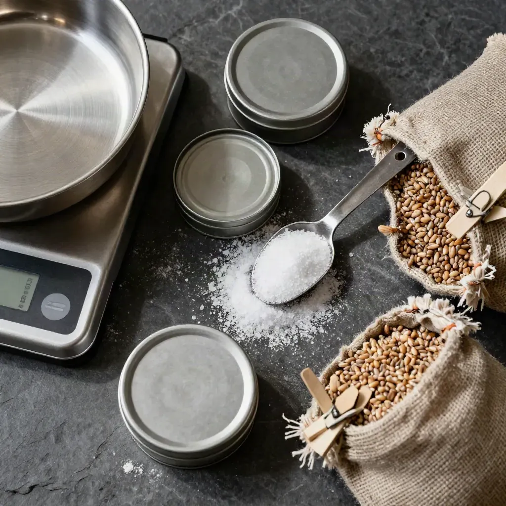 Top-down food QC still life: stainless scale, sample tins, salt scoop and grain sacks on dark stone.