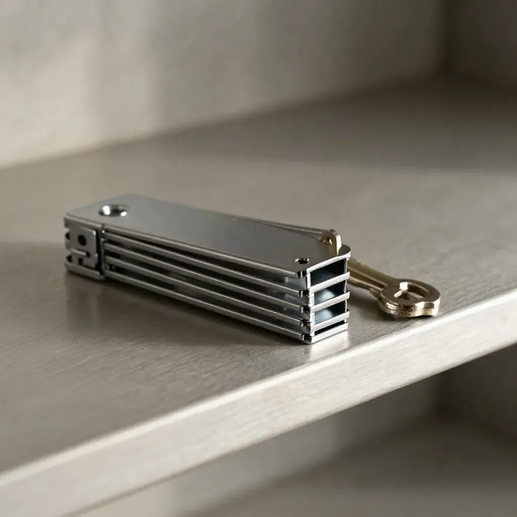 Retail shelf bracket, till key and display arm in a polished metal close-up