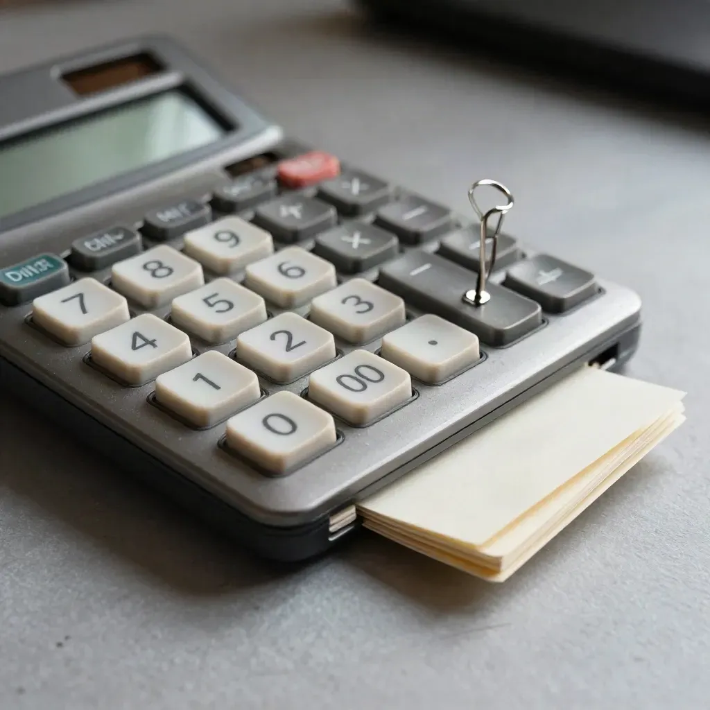 Macro of a calculator, binder clip and blank index tabs on a graphite paper-fibre surface