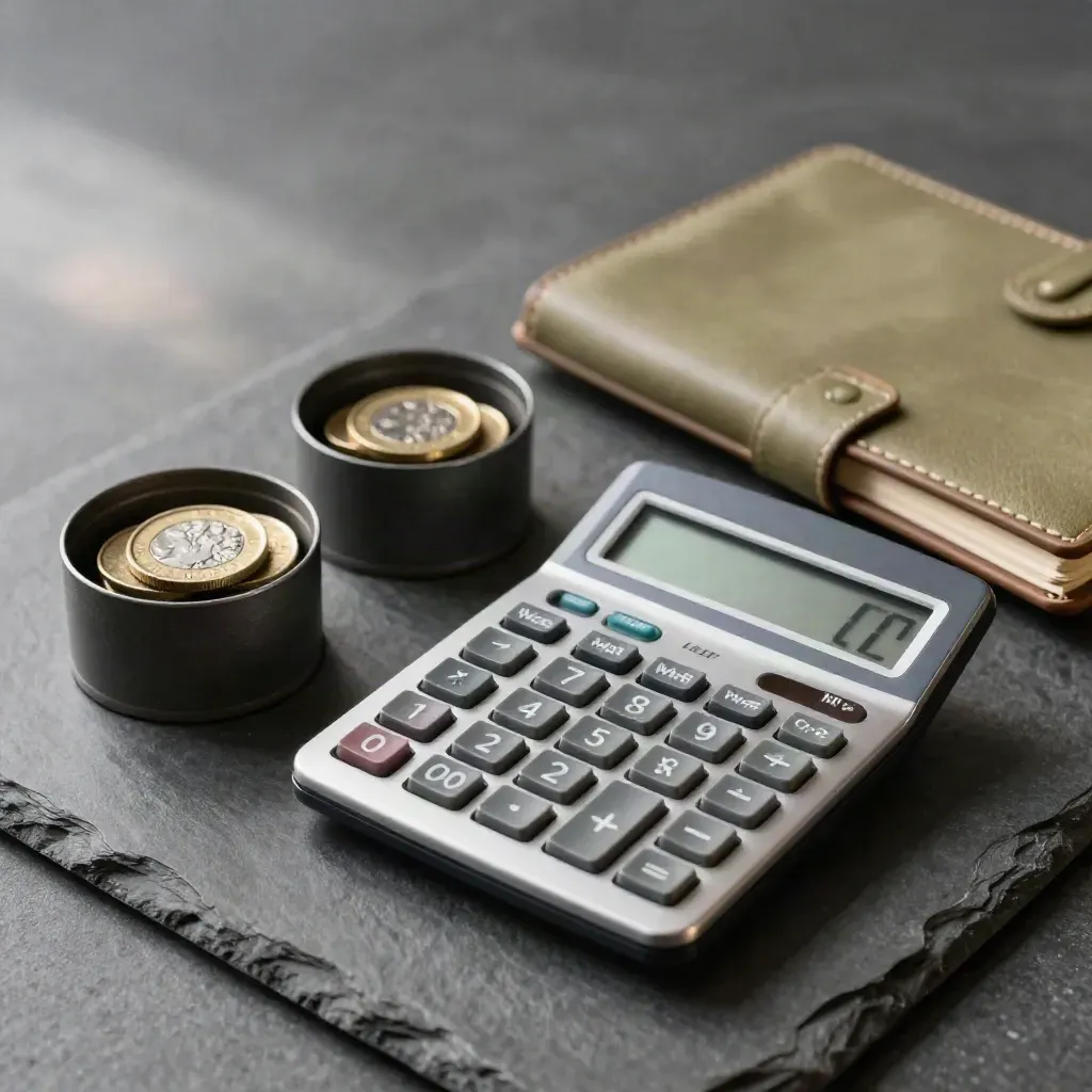 Calculator, coin cups and closed notebook on graphite stone in soft daylight.