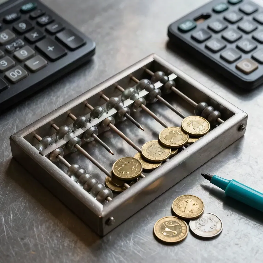 Top-down still life of an abacus, coin tokens and calculator on brushed metal, with a teal accent.