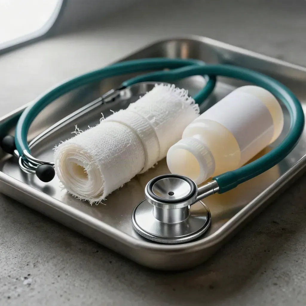 Overhead macro of clinic tools on concrete: stethoscope, tray, gauze and medicine bottle.