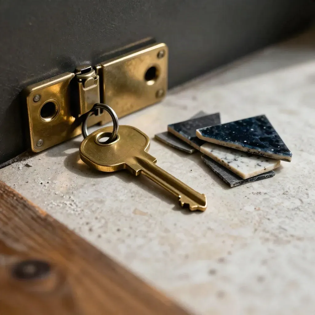 Brass house key, latch plate, stone offcuts and hinge on pale stone with navy accent