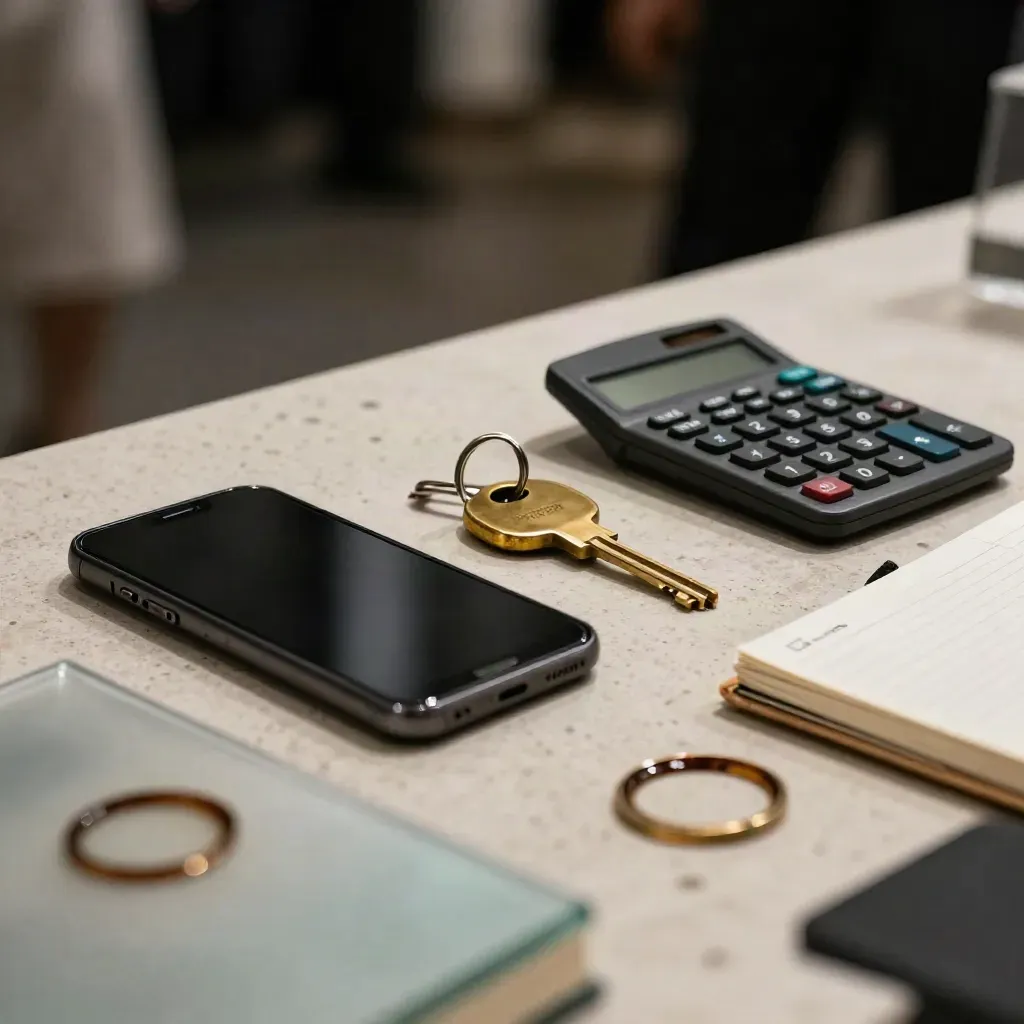 Smartphone, calculator and brass key fob beside a closed notebook on stone, seen through frosted glass.