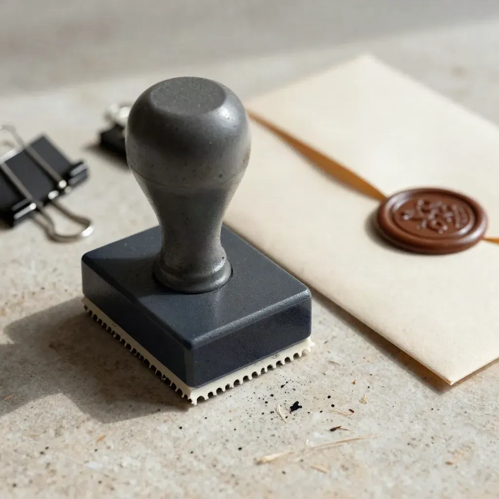 Tax stamp, filing clips, and a sealed envelope on pale stone, lit from the upper left.