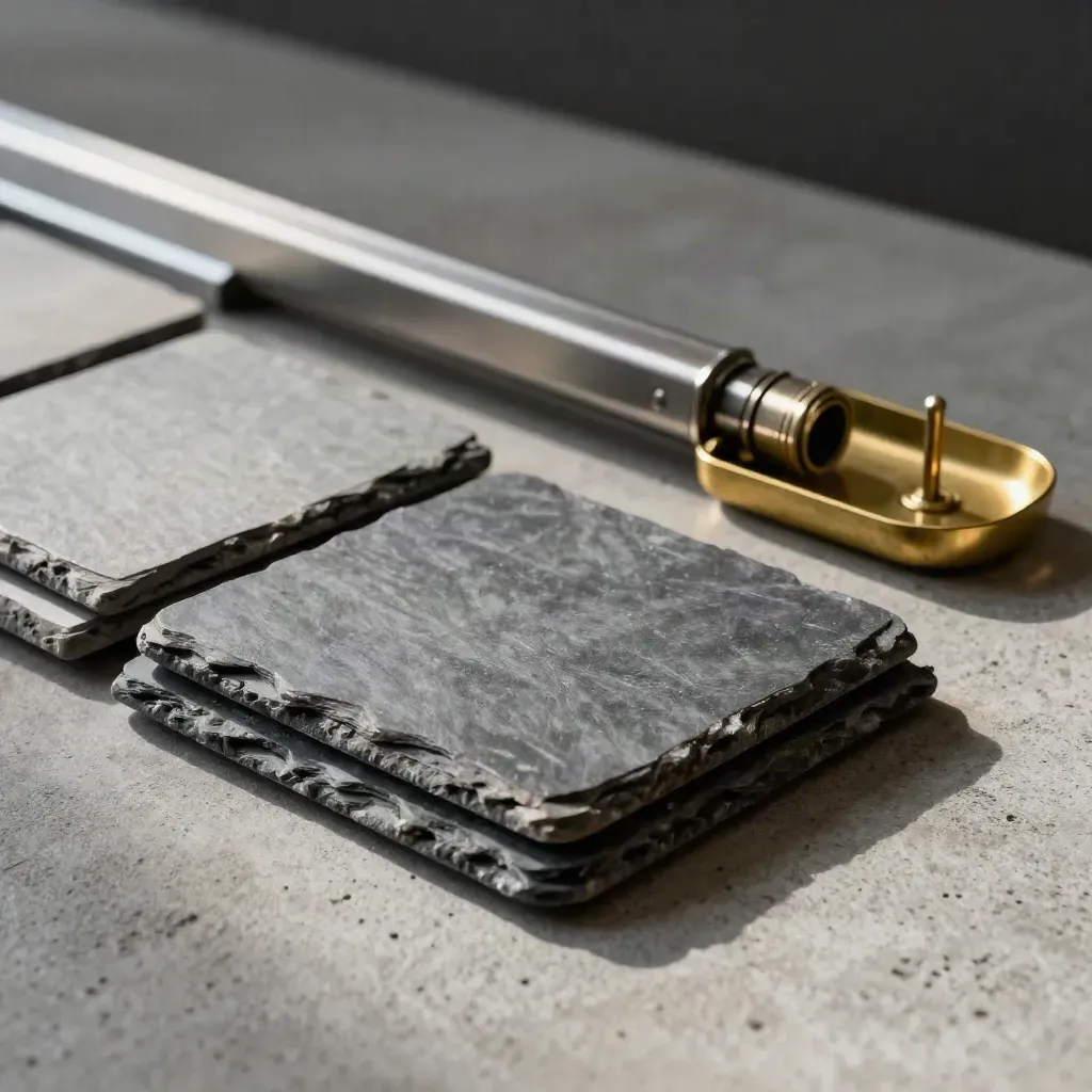 Slate KPI tiles, connector rail, and brass tray on concrete under soft directional light.