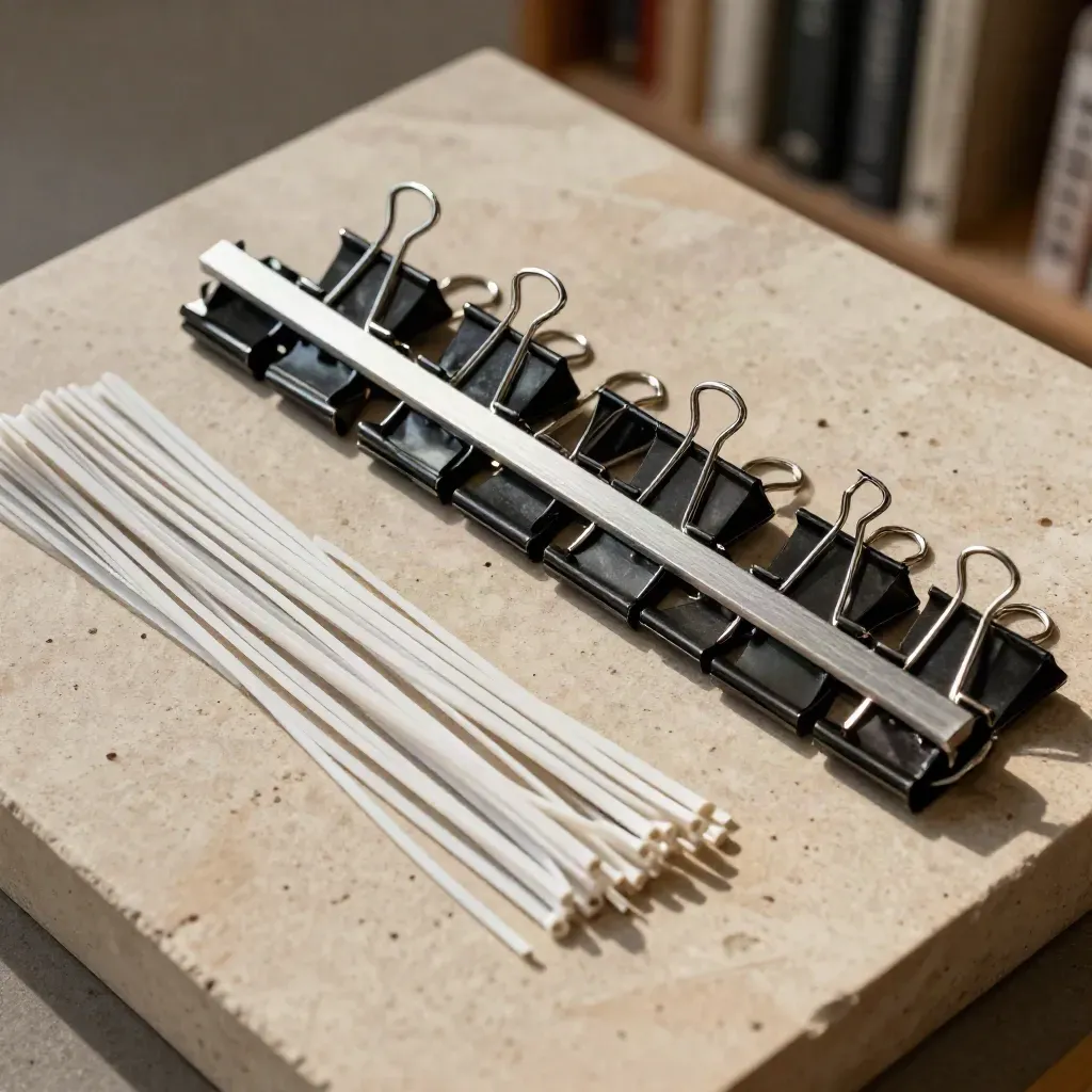 Overhead macro of binder clips, cable ties, and a precision clip rail on warm grey stone.