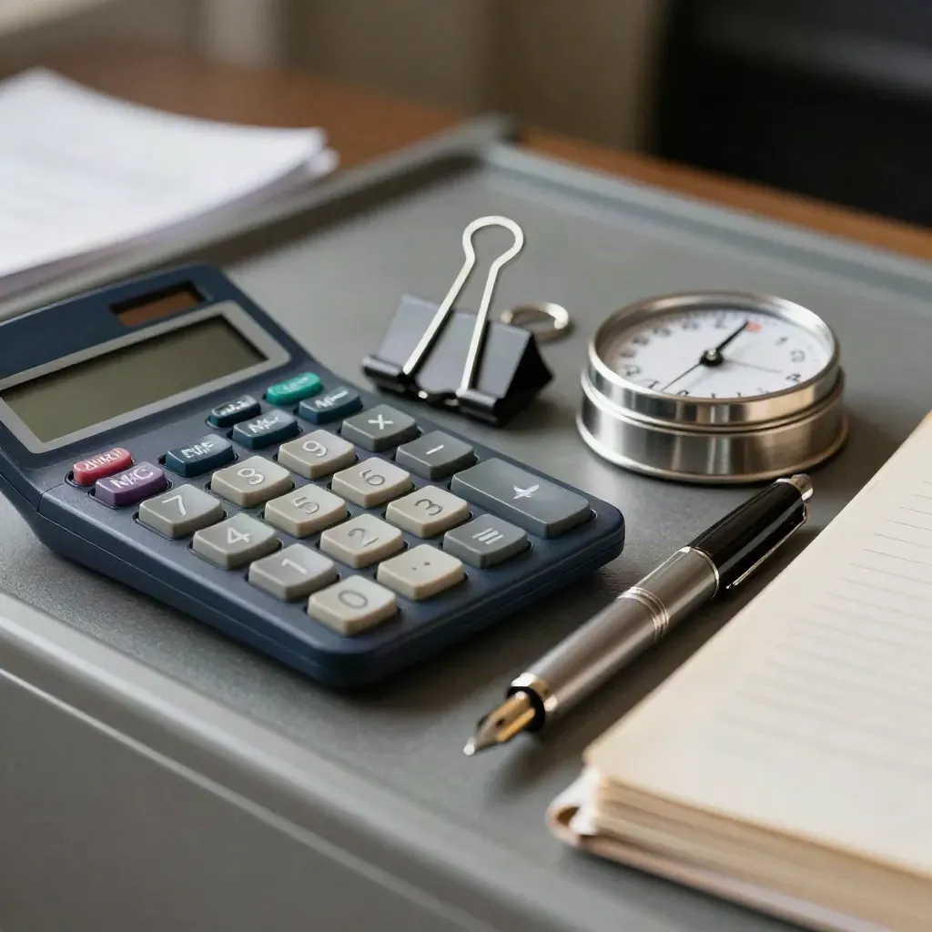 Macro of accountant tools: calculator, binder clips, date wheel and pen cap in cool slate light.