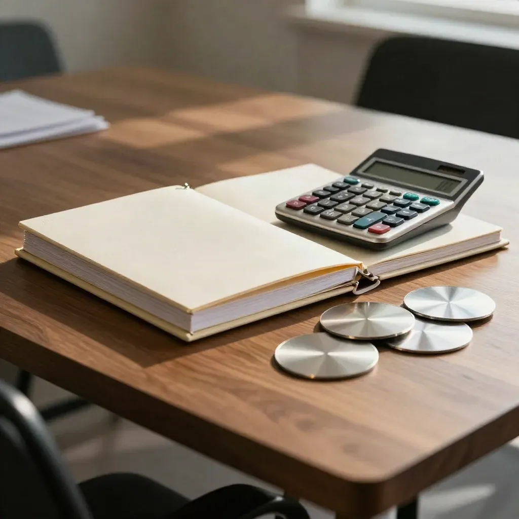 Closed binder, calculator, and metal planning discs on a boardroom side table, seen through a wire tray.