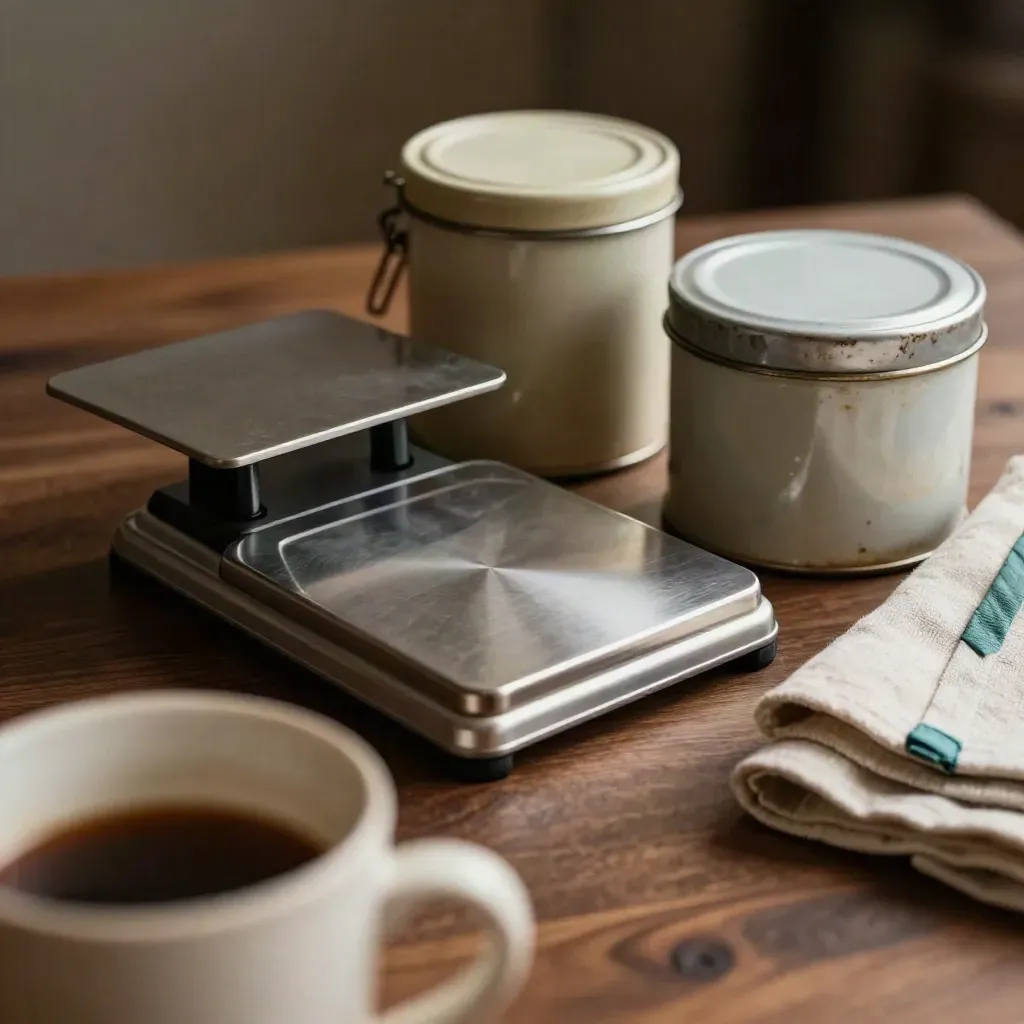 Macro still life of a bakery scale, ingredient tins and cash tin on dark walnut with a blurred mug foreground.