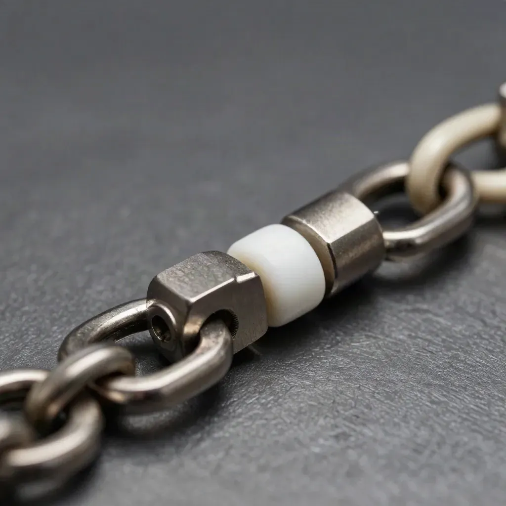 Macro of interlocking metal rings and connector blocks on brushed steel with cool mist and white highlights.