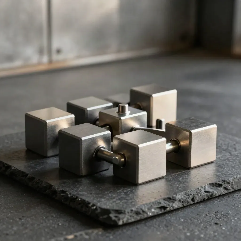 Machined cubes, connector plate and aluminum spacer on charcoal stone in soft daylight.