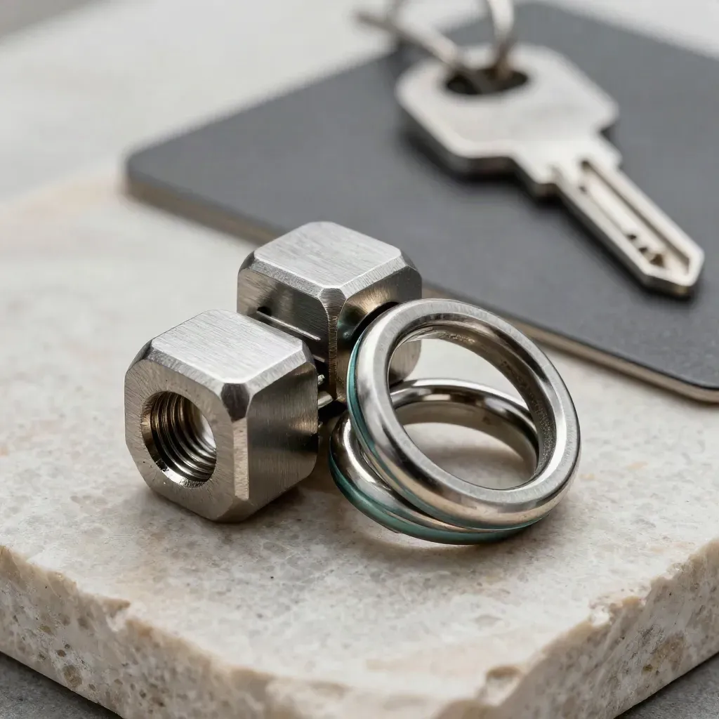 Steel coupler and linked rings on pale stone with a teal accent, lit like a dramatic still life