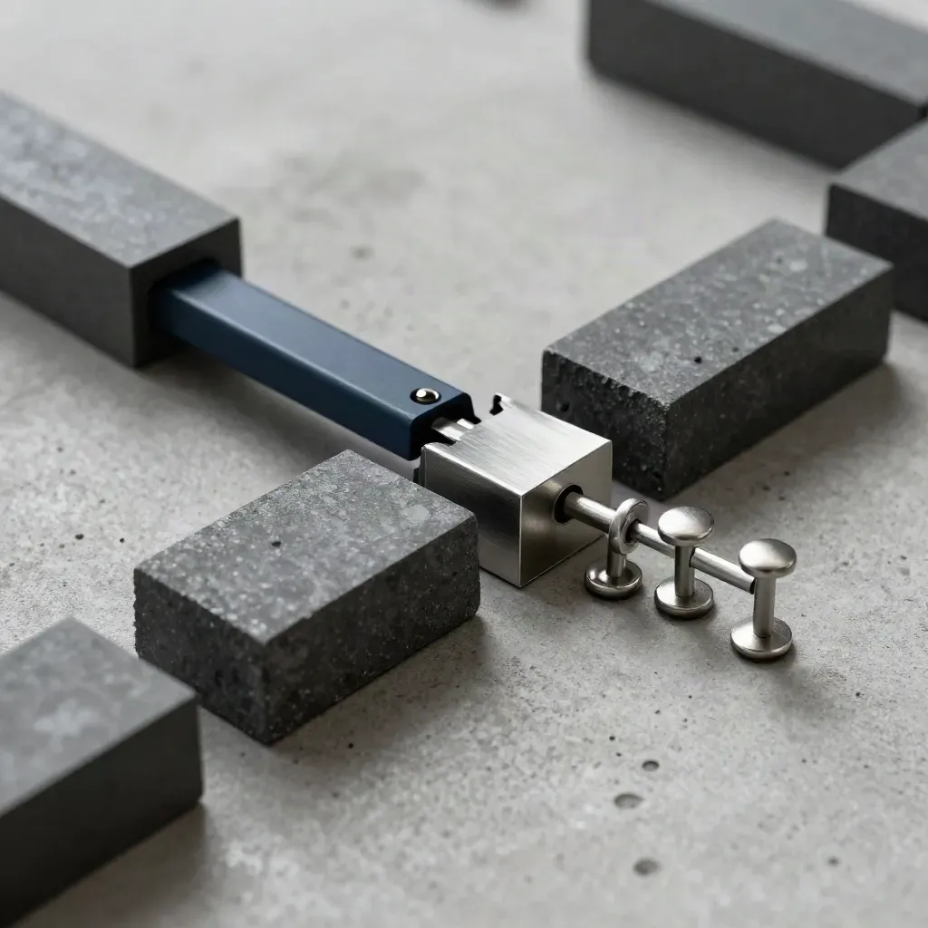 Graphite modular blocks and magnetized pins align on matte concrete with a navy connector bridge.
